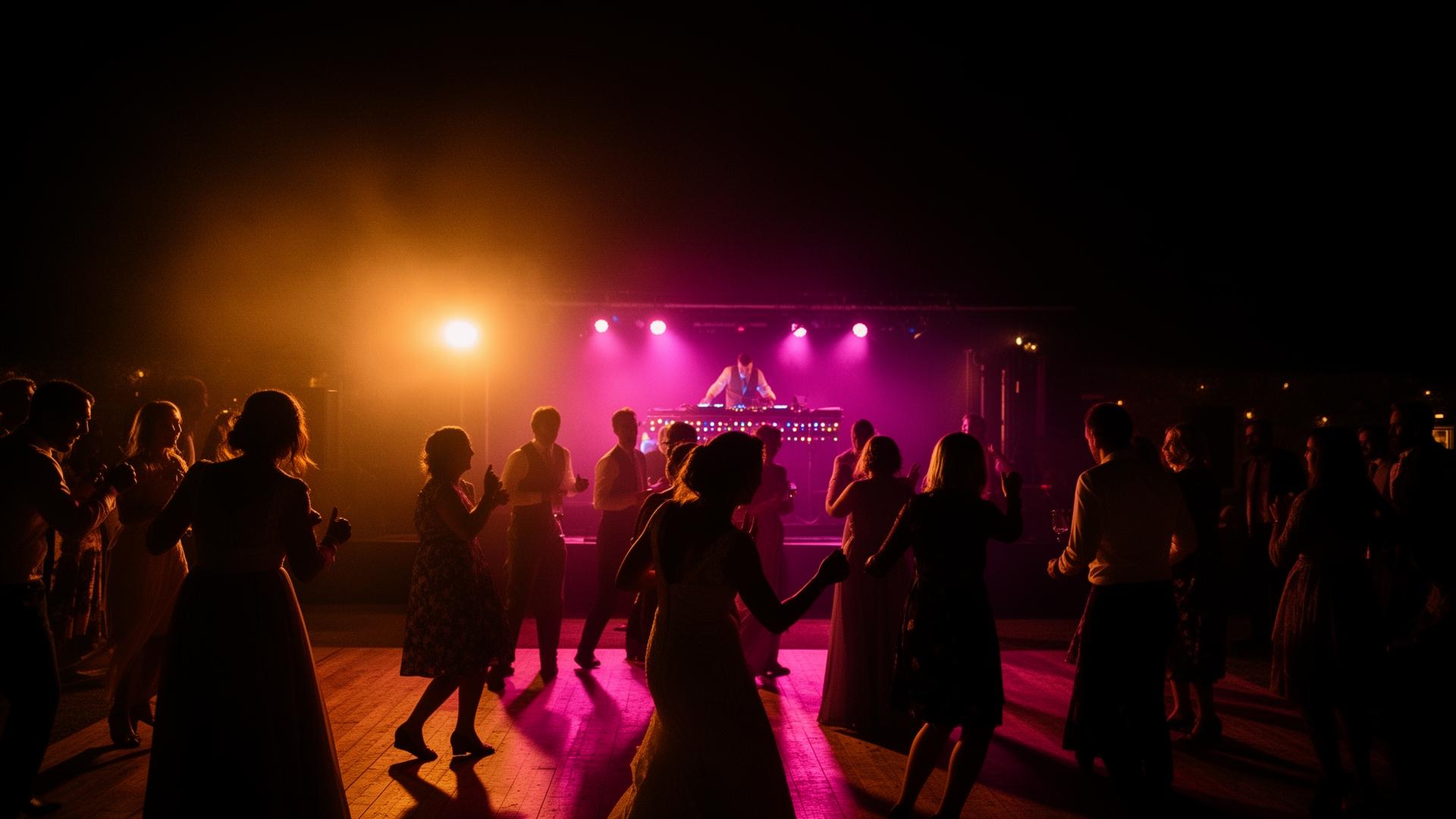 Wedding dance floor lit by stage lights in Sussex